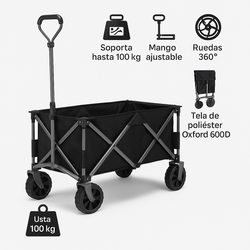 Carro Camping Plegable Negro con 4 Rueda