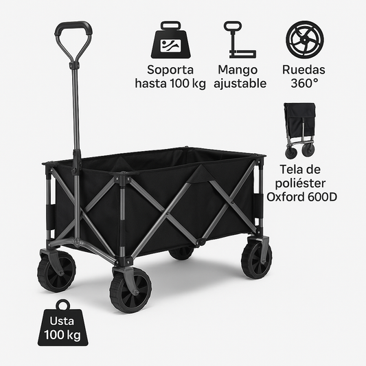 Carro Camping Plegable Negro con 4 Rueda